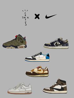 an image of different shoes on a gray background with the words nike written above them