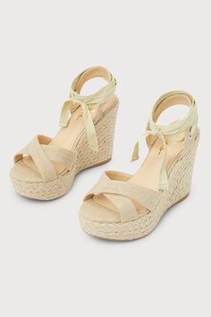 Pair your new maxi dress with the Lulus Esme Natural Lace-Up Espadrille Wedges! Beige canvas straps cross over an almond toe bed, while an ankle strap (with silver grommets) supports wide laces that wrap and tie around the ankle. 4. 75" espadrille-wrapped wedge. Cushioned insole. Nonskid rubber sole. All vegan friendly, man made materials. Imported. Lulus | Esme Natural Lace-Up Espadrille Wedges. Summer Vacation Cross Strap Wedge Sandals, Summer Cross Strap Wedge Sandals For Beach, Cross Strap Wedge Sandals For Summer Beach, Cross Strap Wedge Sandals For Beach In Summer, Beige Fabric Sandals For Summer, Beige Fabric Wedge Sandals For Summer, Chic Fabric Wedge Sandals For Vacation, Beige Strappy Wedge Sandals For Summer, Beige Fabric Sandals For Vacation