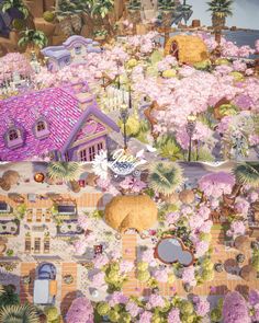 an aerial view of a pink house surrounded by trees and bushes with lots of flowers