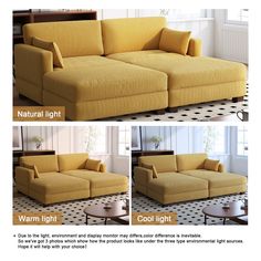 an image of a couch that is yellow and has different pillows on the back side