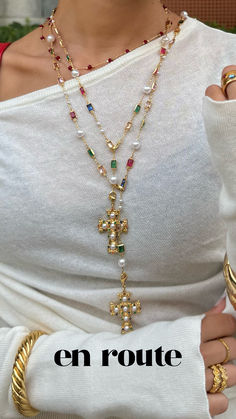 Bold jewelry is for the girls who own it. Gold And Pearls Jewelry, Pearl Cross Necklace, En Route Jewelry, Jewelry Stacking, Dope Jewelry Accessories, Romantic Jewellery, Bold Jewelry, Jewelry Accessories Ideas, Jewelry Fashion Trends