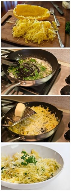 four pictures showing different types of food being cooked