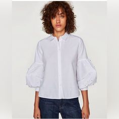 Zara Pearl Poplin Button Down With Voluminous Sleeves Bnwt Large Technical Sketch, Corporate Dress, Satin Shirt Dress, Oversized Button Down Shirt, Denim Shirt With Jeans, Fashion Tops Blouse, Voluminous Sleeves, Zara Blouse, Top Shirt Women