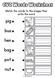 cvc worksheet with pictures and words to help students learn how to read