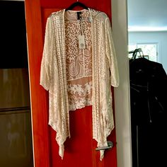 Nwt Gorgeous Boho Lace Crochet Kimono Jacket. Size M. Will Fit Most. 27” Long To The Back, 3’ Long In Front, 22” Wide. Elegant Long Sleeve Festival Outerwear, Summer Long Sleeve Outerwear With Lace Trim, Long Sleeve Crochet Lace Outerwear For Fall, Spring White Lace Outerwear, White Lace Outerwear For Spring, White Fitted Bohemian Outerwear, Fitted White Bohemian Outerwear, Long Lace Outerwear For Fall, Fitted Beige Outerwear For Festivals