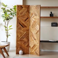 an open wooden door in a living room next to a table with a potted plant