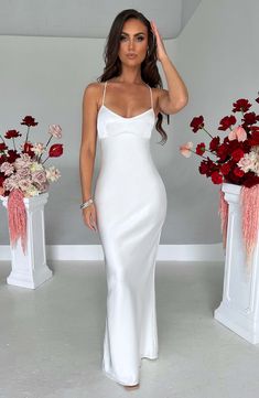 Malika Maxi Dress - Ivory White Satin Maxi Dress, White Satin Dresses, Skim Dress, Long Cream Dress, White Silky Dress, Bruno Major, White Bridesmaid Dress, Minimal Gold Jewelry, Babyboo Fashion