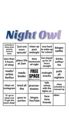 a night owl game with the words free space