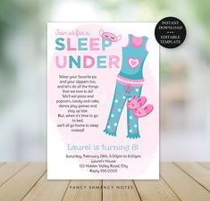 this is an image of a sleep under birthday party card with clothes on the hanger