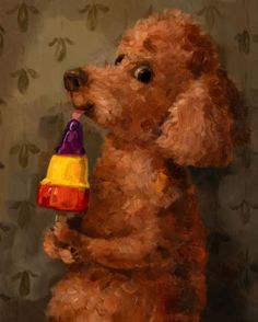 a painting of a dog holding a toy in its mouth