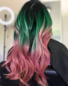 Green Hair Streaks Highlights, Green To Pink Hair, Watermelon Hair Color, Pink To Green Hair, Green And Pink Hair Color, Pink And Green Hair Dye, Pink Green Hair, Green Hair Ideas