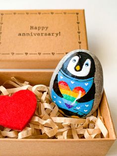 Unique penguin gift for lesbian girlfriend anniversary, hand painted cute penguin pebble with big rainbow heart Cute Lesbian Gifts, Queer Anniversary Gifts, Lesbian Couple Gifts, Gay Penguins, Lesbian Beach Proposal, Lesbian Wedding Gifts, Girlfriend Anniversary Gifts, Lesbian Wedding