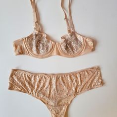 Nude Sparkley Unlined Bra And Panty Set From Victorias Secret Panty Is A Large Top Is 34a But Will Fit 34 B 34 C 32c And 32b Vs Pajamas, Bra And Panty Set, Coverage Bras, Red Bra, Printed Bras, Sleep Wear, Unlined Bra, Victoria Secret Sport, Lace Thong