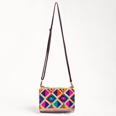 "BOHO SLING BAG Fabric - pure thick natural linen, matching cotton lining Sling - Adjustable leather strap -1.5 mts length with clips to attach and detatch Size - 9 inch wide X 7 inch long Structure - 2 main compartments ; one compartment with ykk metal zip closure and a zipped pocket inside, 2nd compartment closes with embroidered flap with magnetic button A beautiful and unique bohemian bag in pure linen colour hand embroidered with vibrant multicolour embroidery of classic Kilim pattern. \"A Boho Bag Charm, Mandala Jewelry, Kilim Pattern, Bohemian Bags, Practical Bag, Linen Bag, Boho Bag, Chevron Pattern, Pure Linen