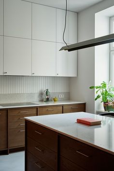 a kitchen with white cabinets and wooden counter tops, along with a plant on the island