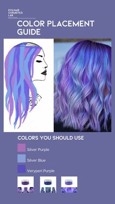 Choose Pastel Silver Purple + Silver Blue + VeryPeri Purple ColorConditioner™. HOW TO APPLY Divide your and separate into strands... FOR MORE INSTRUCTIONS READ OUR BLOG Unnatural Hair Color For Pale Skin, Multicolor Hair Dye, Two Tone Purple Hair, Color Placement Guide, Multi Color Hair Dye Techniques, Silver Purple Hair, Periwinkle Hair, Silver Blue Hair, Hair Dye Techniques