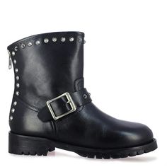 A decorative buckle strap leather handcrafted biker boot with back zipper and shiny metal studs detail. These leather boots are designed with leather lining and leather insole to keep your feet warm while you have fun. Enjoy your step with super comfortable tunit sole. Closure - Slip On Upper - Leather Lining - Leather Insole - Leather Sole - Tunit Heel Height - 1.4 Inches Grow your stylish wardrobe with a pair of decorative boots from SaintG . This black pair can be teamed with slim jeans and a Black Leather Ankle Boots, Slim Jeans, Leather Ankle Boots, Biker Boot, Have Fun, Leather Boots, Leather Straps, Heel Height, Ankle Boot