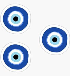 three blue evil eyes stickers on a white background with space for text or image