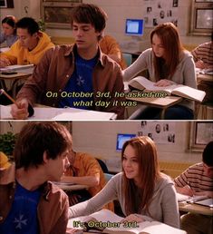 two pictures of people sitting at desks with books in front of them and the caption reads, on october 3rd, he asked me what day it was