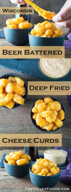 the steps to make beer battered deep fried cheese curls in bowls with dip and sour cream