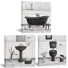 three different views of a bathroom with black fixtures and white tiles on the walls, including a claw foot bathtub