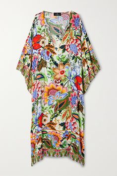 It's vibrant, intricate motifs that make Etro's pieces feel so special. Perfect for your next beach getaway, this kaftan has been made in Italy from breezy chiffon that's printed with a variety of vibrant flowers. Multicolor Floral Print V-neck Kimono, Patterned Dresses With Floral Print And Kimono Sleeves, Patterned Dress With Floral Print And Kimono Sleeves, Multicolor V-neck Kimono With Floral Print, Beachwear Silk Dress With Floral Print, Summer Patterned Printed Kaftan, Summer Silk Patterned Kaftan, Bohemian Multicolor Printed Kaftan, Bohemian Floral Print Kaftan For Beach Season