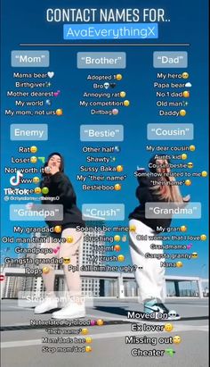 two people on skateboards with the words contact names for