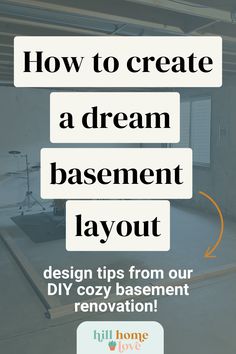 An image of an unfinished basement space with exposed beams and a drum set in the background. Text overlay reads: 'How to Create a Dream Basement Layout: Design Tips from Our DIY Cozy Basement Renovation! Open Concept Finished Basement, Basement Office Nook, Dream Basement Ideas, Room Kitchenette