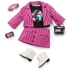 a barbie doll outfit with shoes, sunglasses and handbag on a white surface next to it