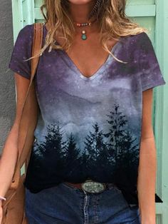 Purple Tie-dye Printed V-neck Short Sleeve Tshirt Shirt Over Long Sleeve Outfit, Shirt Over Long Sleeve, T Shirt Over Long Sleeve Outfit, T Shirt Over Long Sleeve, Long Sleeve Outfit, Shirt Hacks, T Shirt Quilt, Tie Dye Diy, T Shirt Outfit