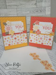 three cards with flowers on them and the words you are in orange, yellow and white