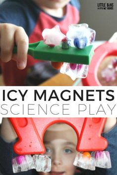 a young boy is playing with toy magnets on his head and the words, icy magnets science play