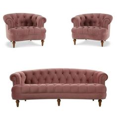 three different styles of pink couches with tufted back and arms, on white background