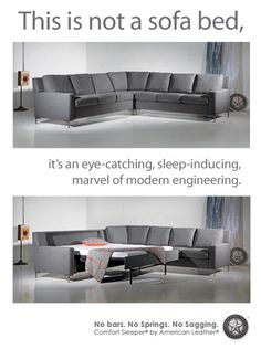 an advertisement with two different couches and one is not a sofa bed, it's an eye - catching, sleep - in - producing, marvel of modern engineering