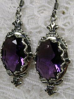 Purple Amethyst Earrings, Edwardian Jewelry, Pin Design#E18 with traditional Ear Wire Closures Elegant Amethyst Earrings For Formal Occasions, Fine Jewelry Amethyst Earrings For Pierced Ears, Elegant Amethyst Earrings, Amethyst Earrings Fine Jewelry For Formal Occasions, Classic Round Amethyst Earrings, Ornate Purple Pierced Earrings, Elegant Purple Pierced Earrings, Elegant Purple Jewelry For Formal Occasions, Ornate Purple Sterling Silver Earrings