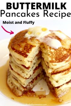 pancakes stacked on top of each other with buttermilk in the middle and syrup drizzled over them