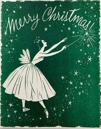 a green christmas card with a fairy holding a sparkler