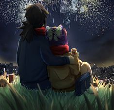 two people sitting on the grass watching fireworks in the night sky above them, with their backs to each other