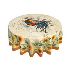 a round table with sunflowers and rooster design on the top, sitting in front of a white background