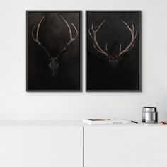 two framed deer heads on a wall above a white sideboard with a silver vase