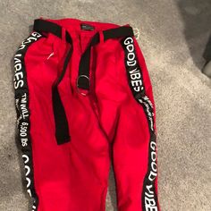 Baggy Red Pants Comes With Black Buckle Belt. Never Worn Trendy Red Pants With Belt Loops, Casual Red Pants With Belt Loops, Baggy Red Pants, Cheerleading Outfits, Red Pants, Buckle Belt, Pants Color, Cheerleading, Good Vibes