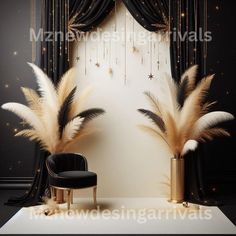 a black and white photo with some gold feathers on it's head, next to a chair