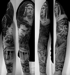 tattoos on the arms and legs of men with images of people in ancient greek costumes