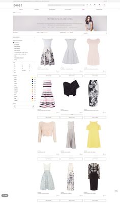 a website page showing different types of clothing on it's display shelf, including dresses and skirts