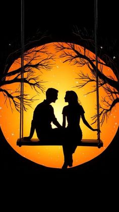 a man and woman sitting on a swing in front of an orange moon with trees