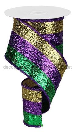 4X10Yd 3-In-1 Large Glitter/Tinsel Mardi Gras RG8986AP - DecoExchange Mardi Gras Images, Mardi Gras Diy, Mardi Gras Wreath, Mardi Gras Decorations, Parade Float, Military Ball, Glitter Fabric, Gold Stripes, Wired Ribbon