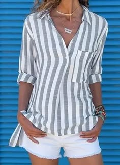 OFERTA FLASH en Floryday | Venta en Línea de Vestidos, Ropa, Zapatos & Accesorios a la Moda para Mujeres | Floryday.com Striped V-neck Shirt For Summer, Casual Striped Shirt, Pocket Blouse, Summer Stripes, Striped Long Sleeve Shirt, Casual Stripes, Plus Size Blouses, Blouse Styles