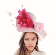 Candy Hot Fuchsia Pink Fascinator Hat Statement Hatinator Womens Kentucky Derby Hats Wedding Royal Ascot Fascinator Headpiece Ladies Day  Hats By Cressida Kentucky Derby & Ascot Fascinator Hats Elsje Kentucky Derby Fascinator Free form candy pink base trimmed with a large spray of Hot Pink Fuchsia feathers and a silk rose Base measures 14 inches wide This Hot Pink headpiece is mounted with a matching headband. If you prefer a headband to match your hair, please make a note at check out what colo Pink Curved Brim Fascinator For Races, Pink Short Brim Fascinator For Royal Ascot, Pink Mini Hat For Royal Ascot Races, Pink Brimmed Fascinator For Church, Pink Hat For Royal Ascot Races, Pink Fitted Brimmed Costume Hats And Headpieces, Fitted Pink Brimmed Costume Hats And Headpieces, Pink Hat For Kentucky Derby, Fitted Pink Brimmed Costume Hat