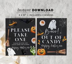 two halloween cards with the words, please take out of candy and happy halloween written on them