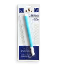 a blue and white pen in its package